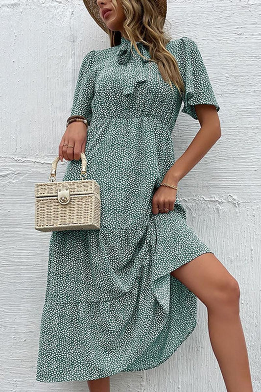 DOT RIBBON HIGH NECK RUFFLED CANCAN DRESS - Doublju