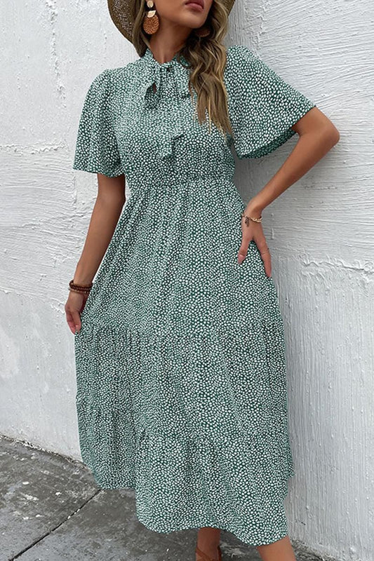 DOT RIBBON HIGH NECK RUFFLED CANCAN DRESS - Doublju