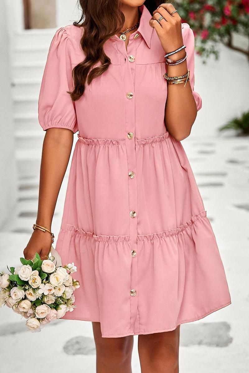 COLLAR BUTTON UP PUFF SHORT CAKE DRESS - Doublju
