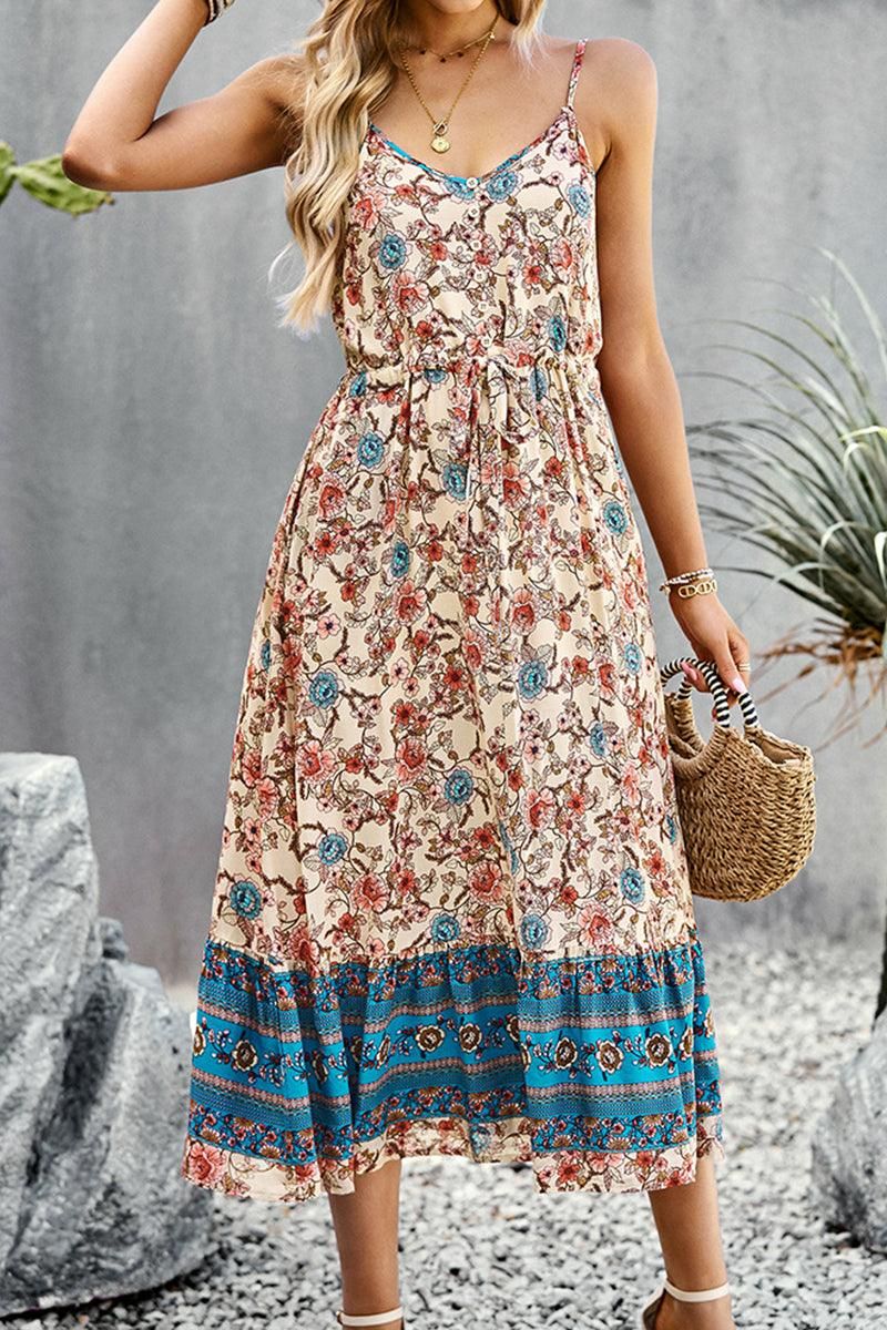 CAMI STYLE PATTERNED LONG DRESS - Doublju