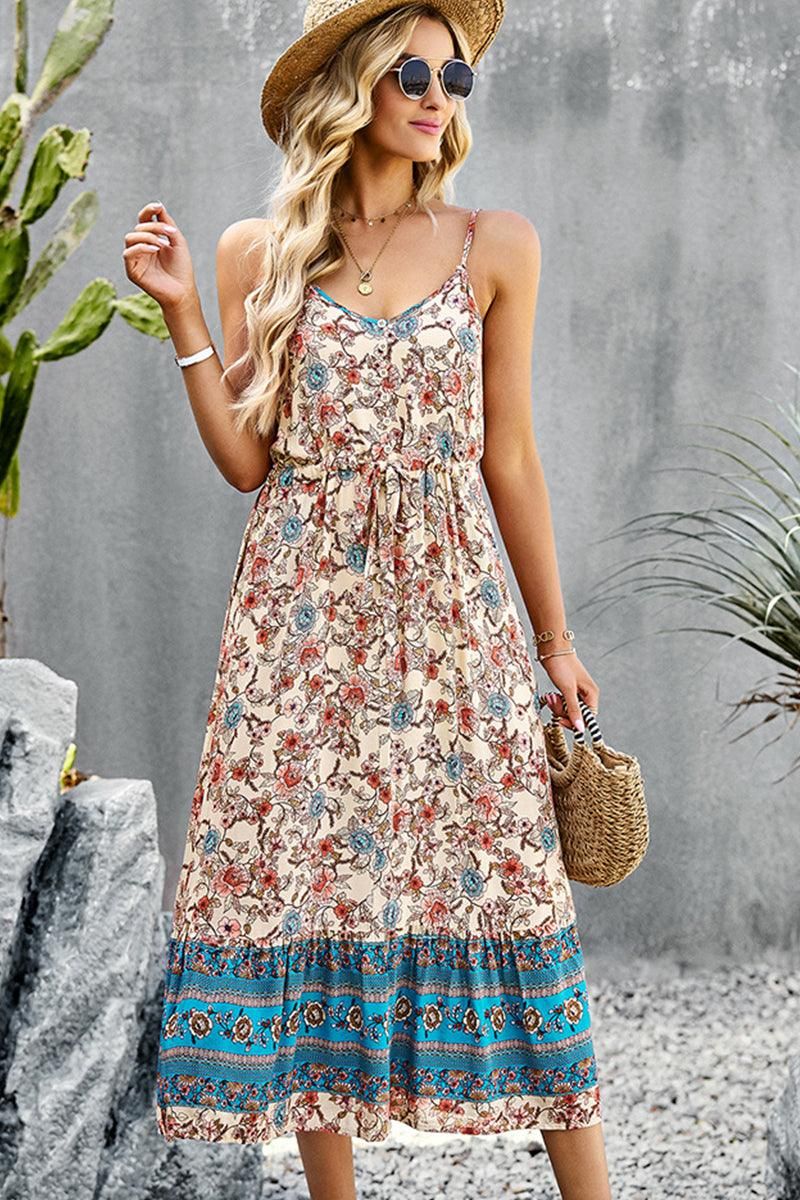 CAMI STYLE PATTERNED LONG DRESS - Doublju