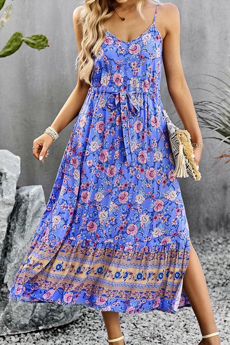 CAMI STYLE PATTERNED LONG DRESS - Doublju