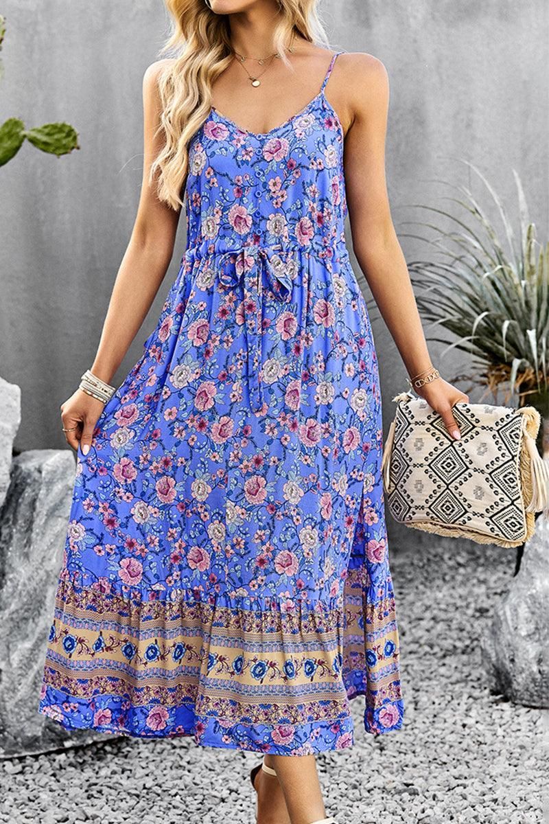 CAMI STYLE PATTERNED LONG DRESS - Doublju