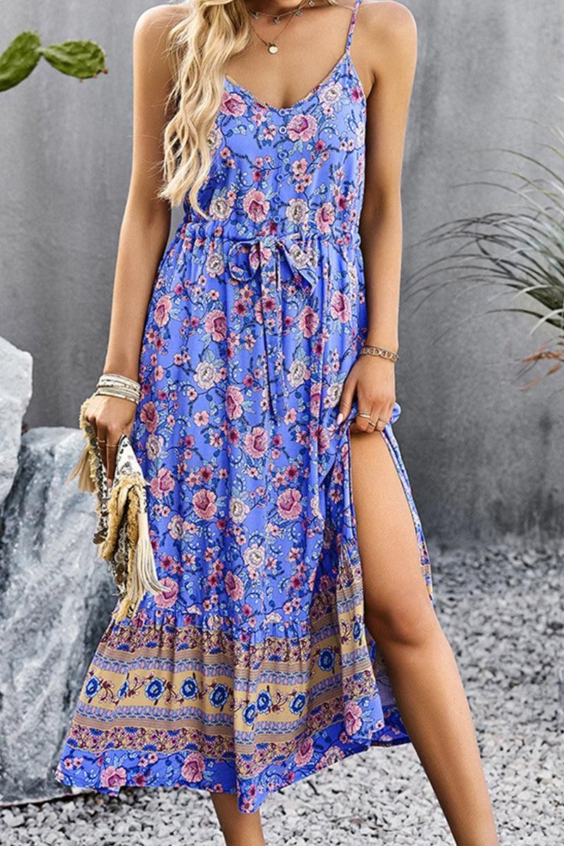 CAMI STYLE PATTERNED LONG DRESS - Doublju