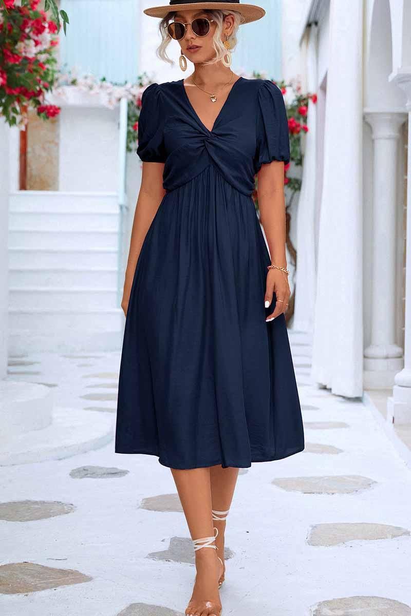 KINK V NECK BALLOON SLEEVE RUFFLED MIDI DRESS - Doublju