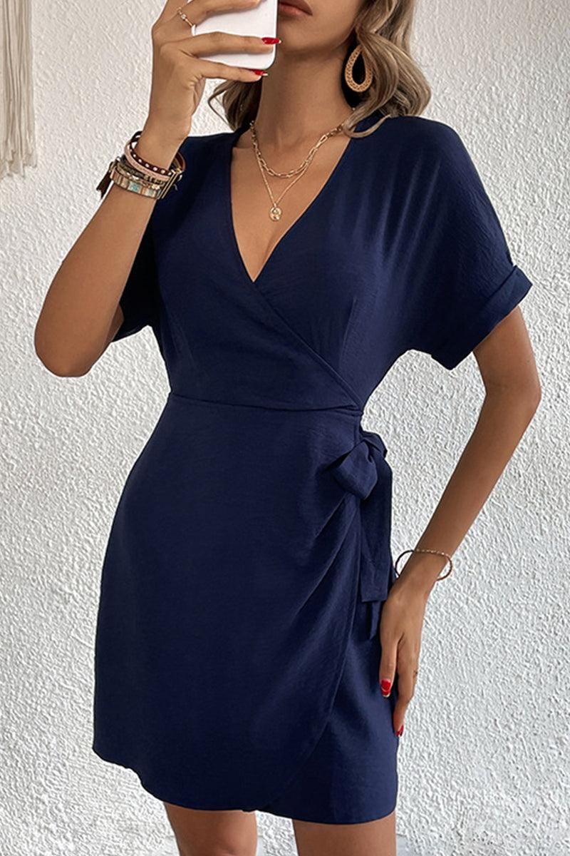 DEEP V NECK ROLL UP SLEEVE SIDE TIED WRAP DRESS - Doublju