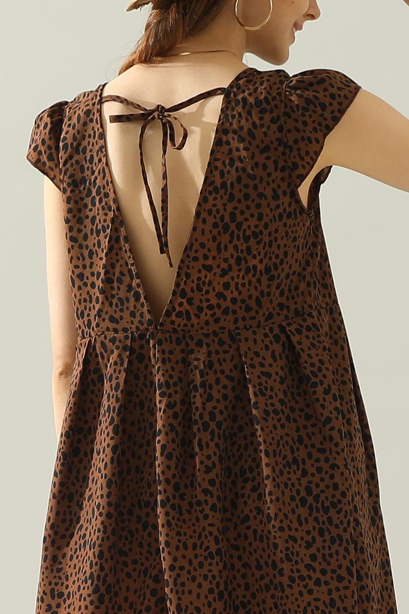 DEEP V BACK TIED ANGEL WINGS LEOPARD DRESS - Doublju
