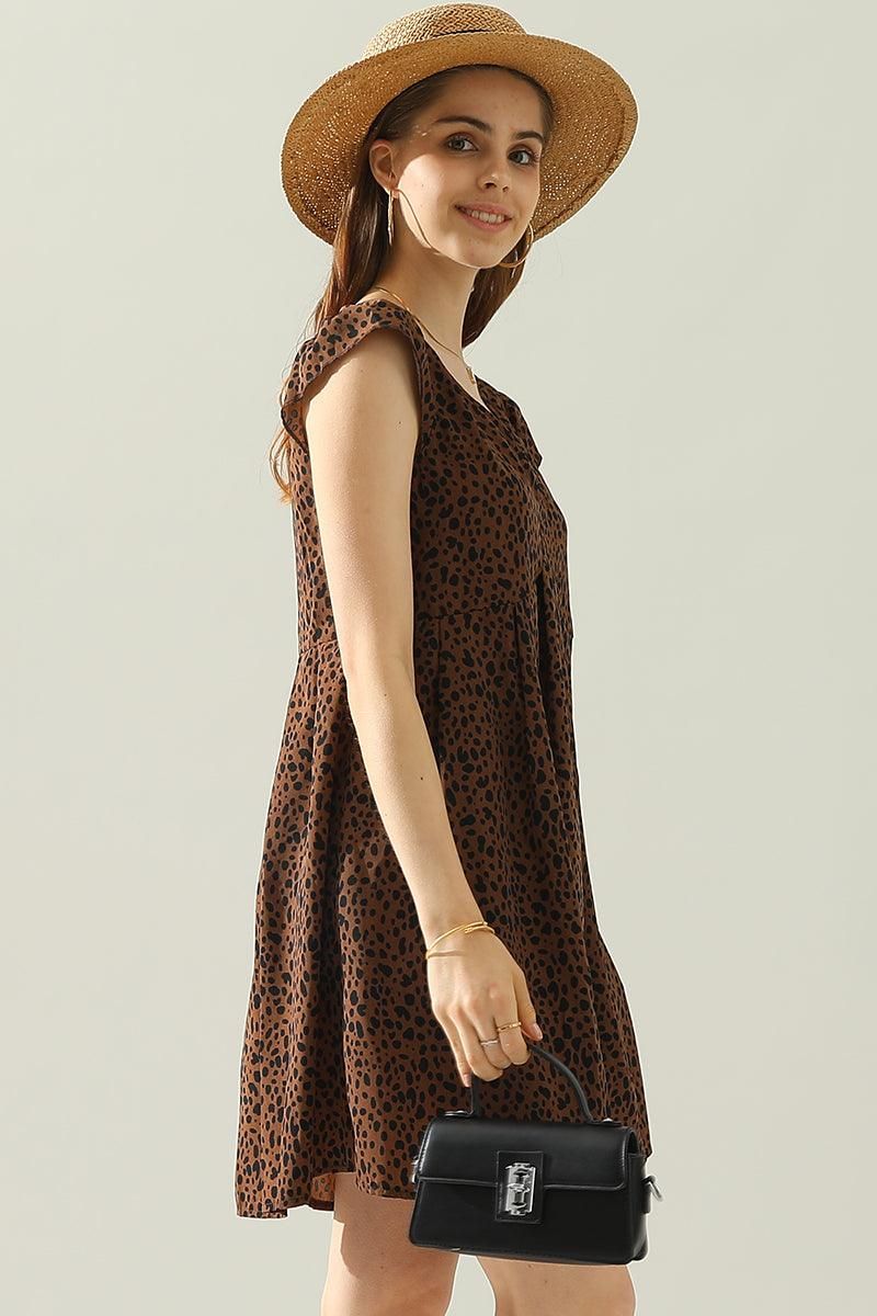 DEEP V BACK TIED ANGEL WINGS LEOPARD DRESS - Doublju