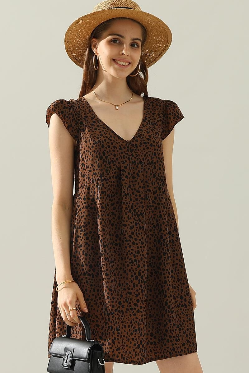 DEEP V BACK TIED ANGEL WINGS LEOPARD DRESS - Doublju