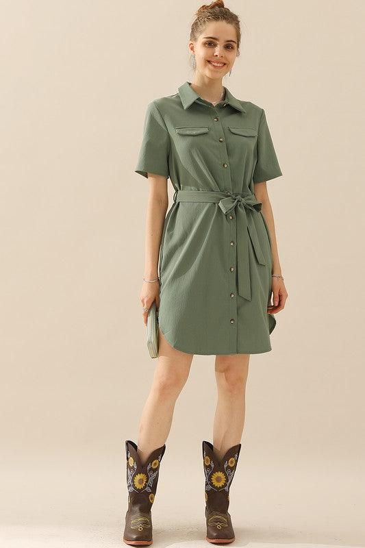 COLLAR NECK TIED WAIST SHORT SLEDRESS - Doublju