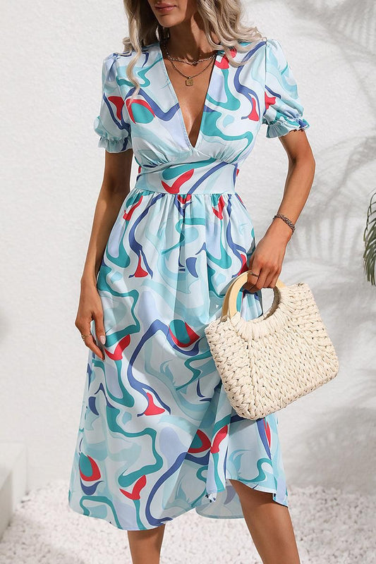 COLOR WAVE PAINTING DEEP V NECK PUFF DRESS - Doublju