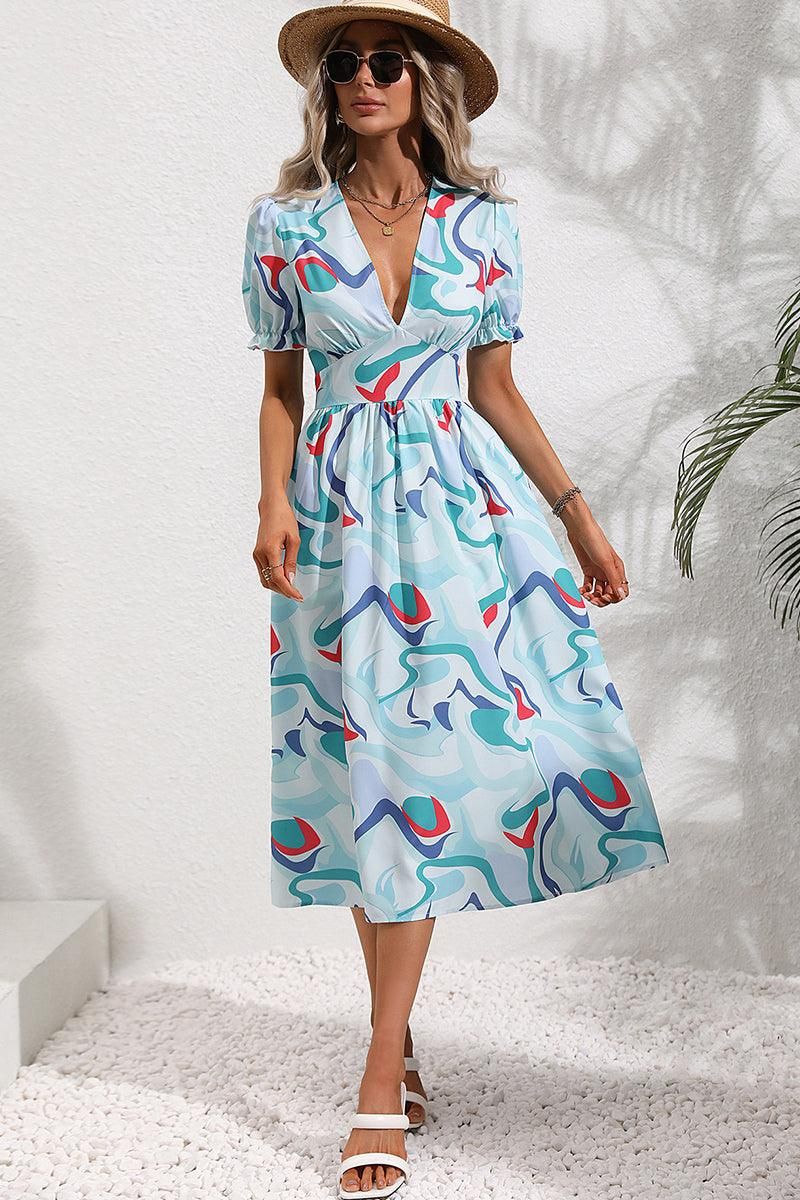 COLOR WAVE PAINTING DEEP V NECK PUFF DRESS - Doublju