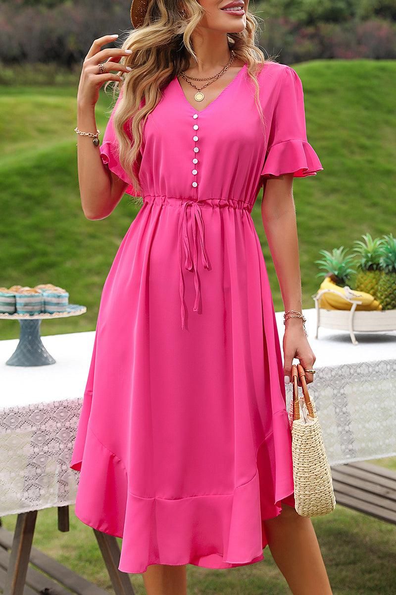 DRAWSTRING RUFFLED PUFF MIDI DRESS - Doublju