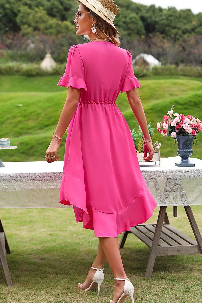 DRAWSTRING RUFFLED PUFF MIDI DRESS - Doublju