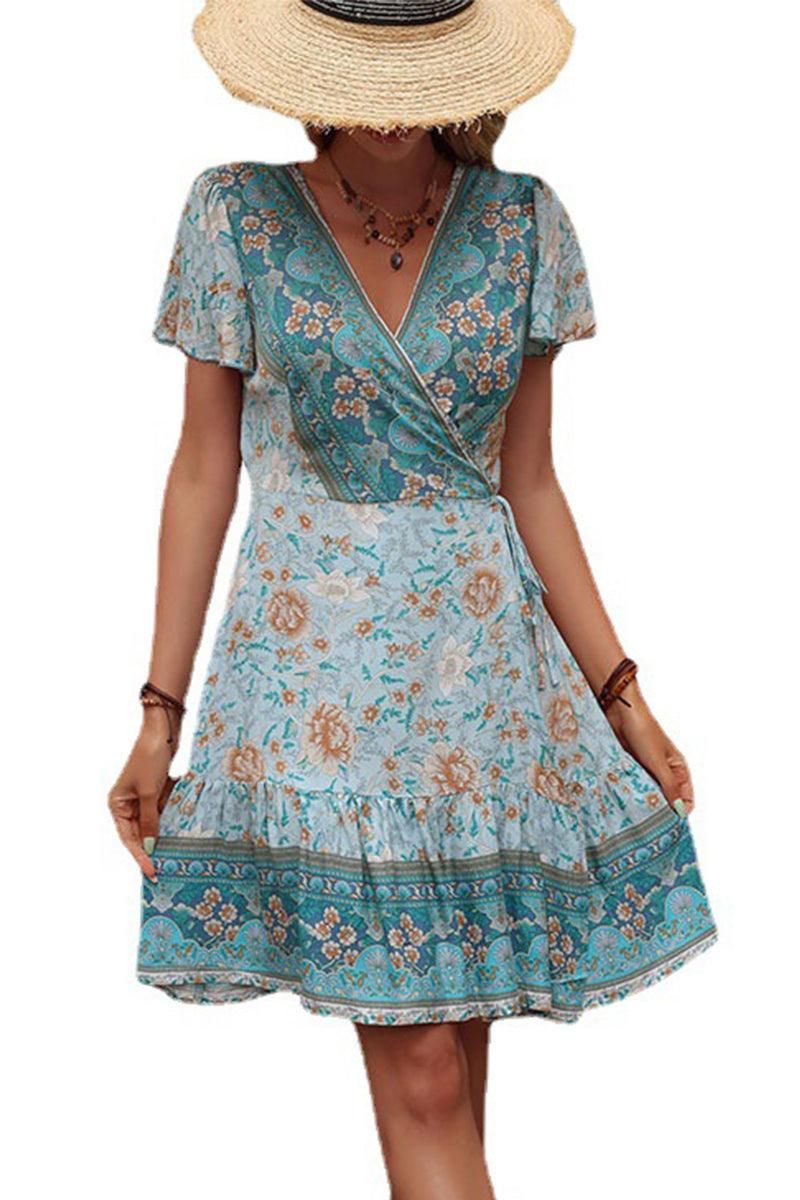 BOHEMIAN WRAP STYLE RUFFLED SHORT DRESS - Doublju