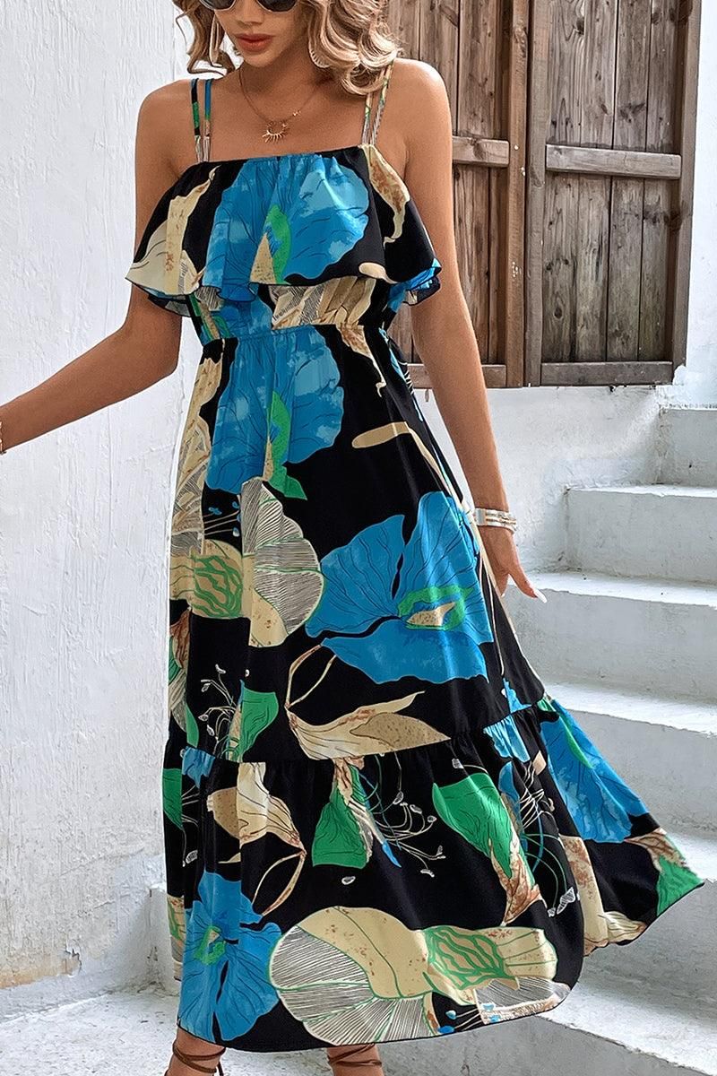 DOUBLE SPAGHETTI STRAP MULTI PATTERNED WOMEN DRESS - Doublju