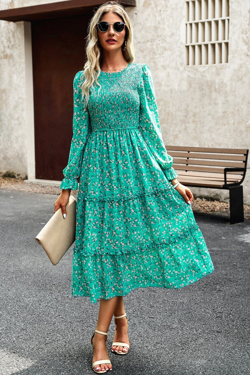 WOMEN SMOKING LONG SLEEVE TIERED LONG DRESS