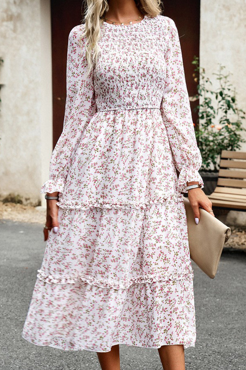 WOMEN SMOKING LONG SLEEVE TIERED LONG DRESS