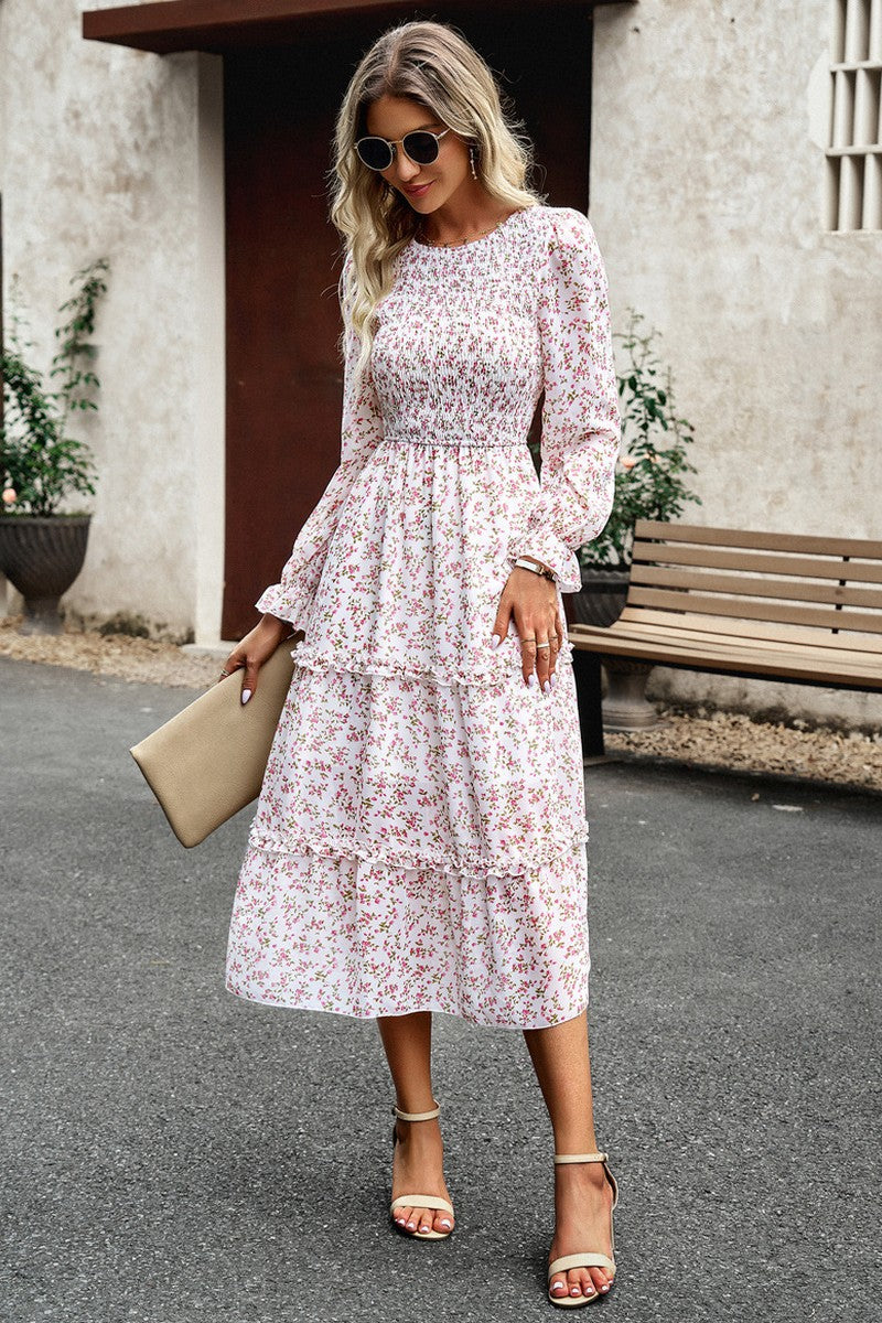 WOMEN SMOKING LONG SLEEVE TIERED LONG DRESS