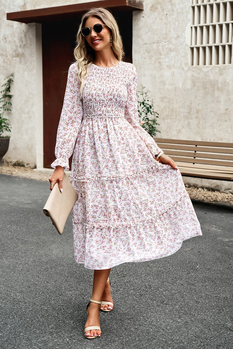 WOMEN SMOKING LONG SLEEVE TIERED LONG DRESS
