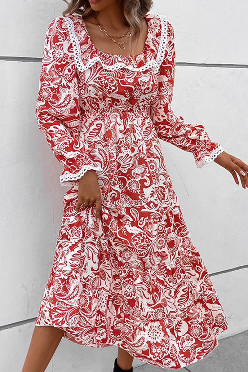 WOMEN LACE TRIM SQUARE NECK PATTERNED LONG DRESS