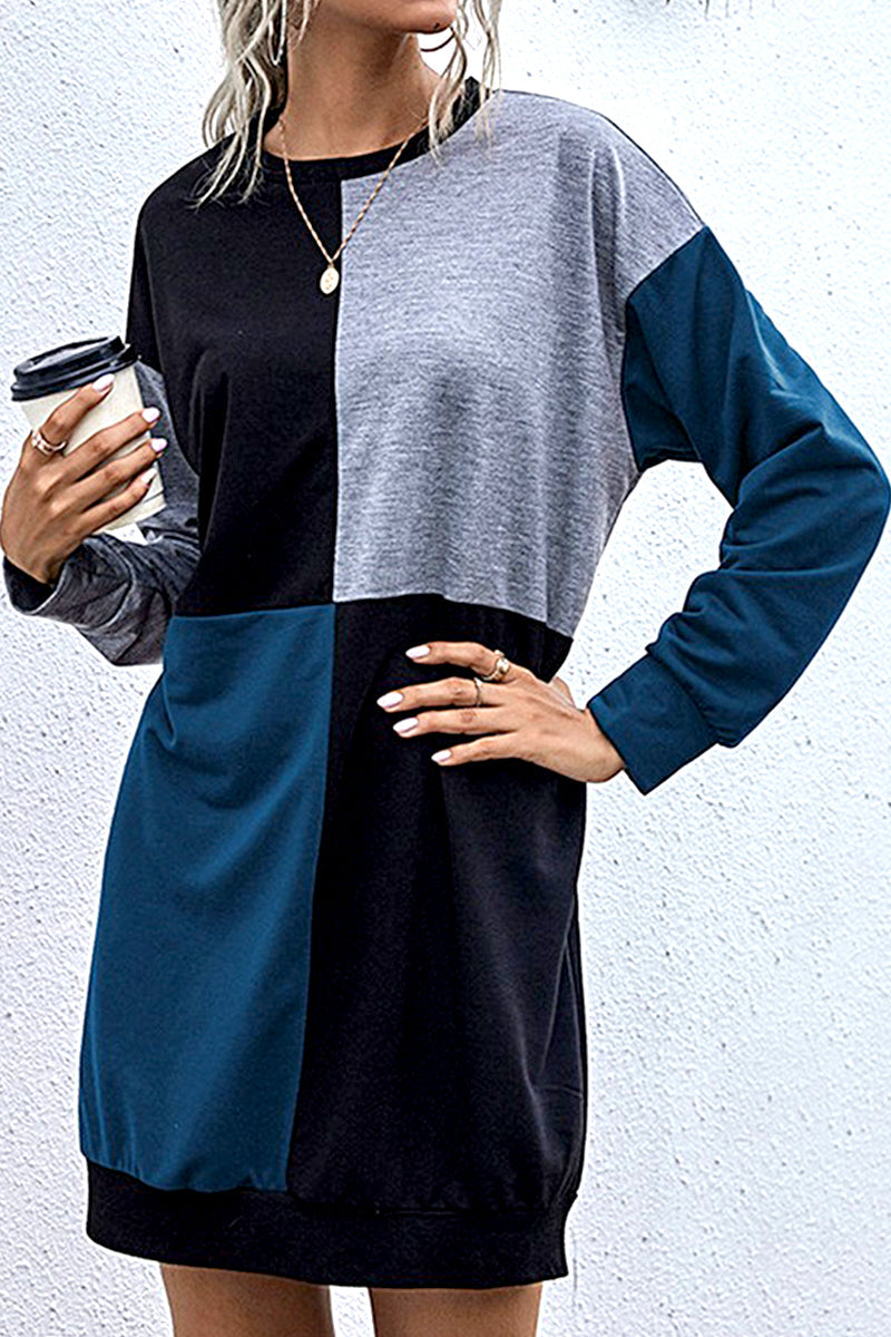 WOMEN LONG SLEEVE COLOR BLOCK CREW NECK DRESS