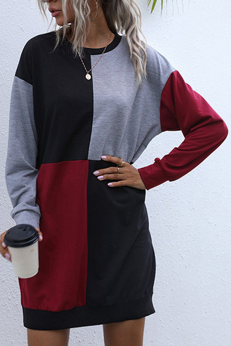 WOMEN LONG SLEEVE COLOR BLOCK CREW NECK DRESS