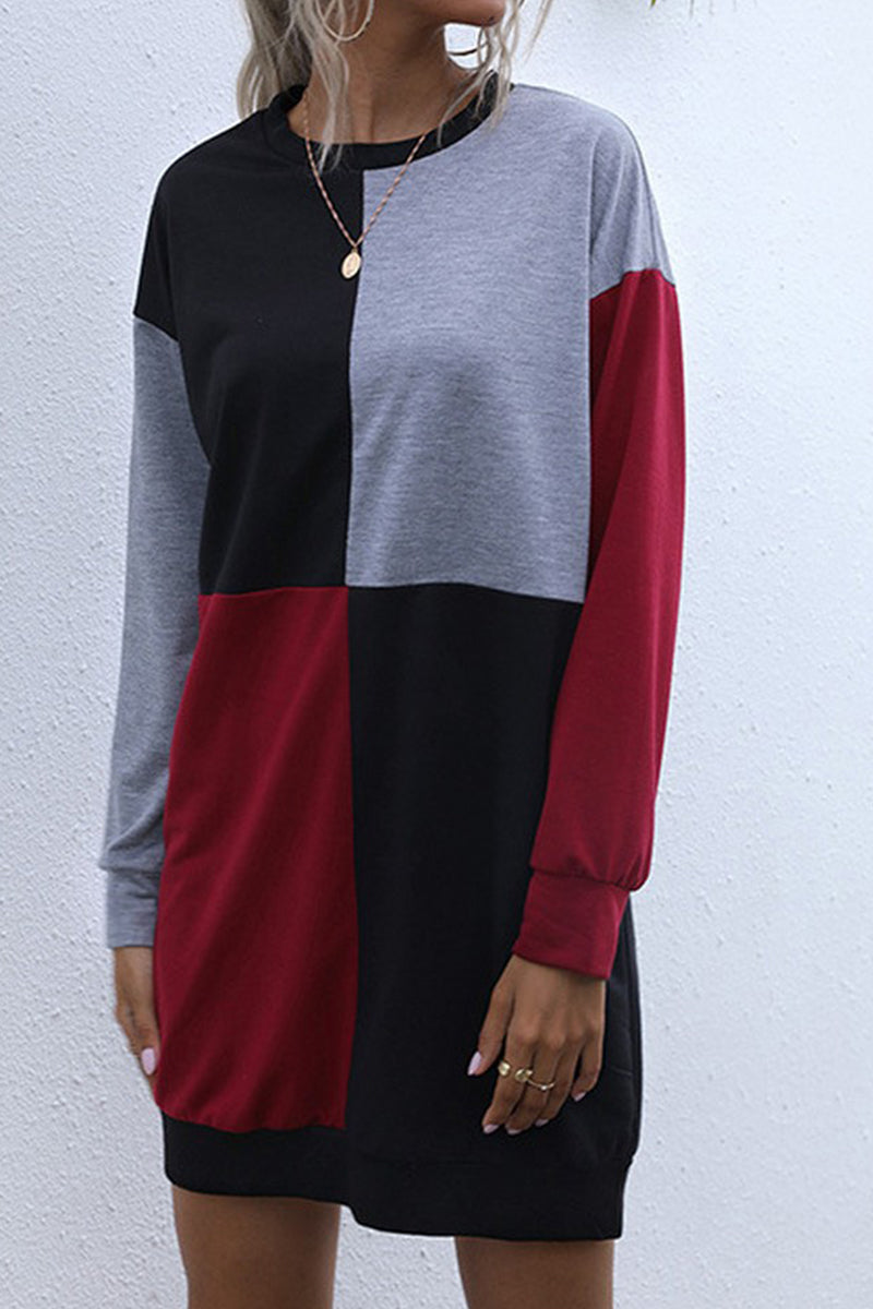WOMEN LONG SLEEVE COLOR BLOCK CREW NECK DRESS