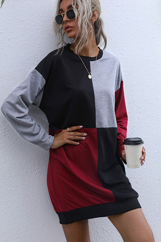WOMEN LONG SLEEVE COLOR BLOCK CREW NECK DRESS