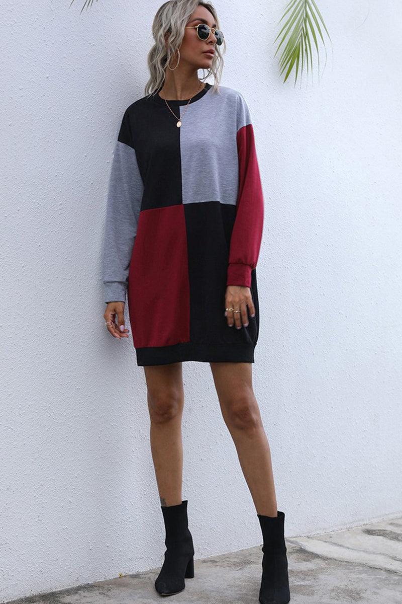 WOMEN LONG SLEEVE COLOR BLOCK CREW NECK DRESS