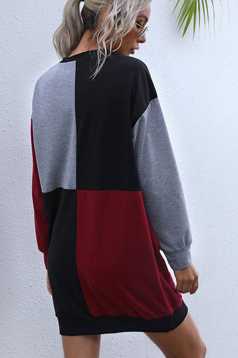 WOMEN LONG SLEEVE COLOR BLOCK CREW NECK DRESS