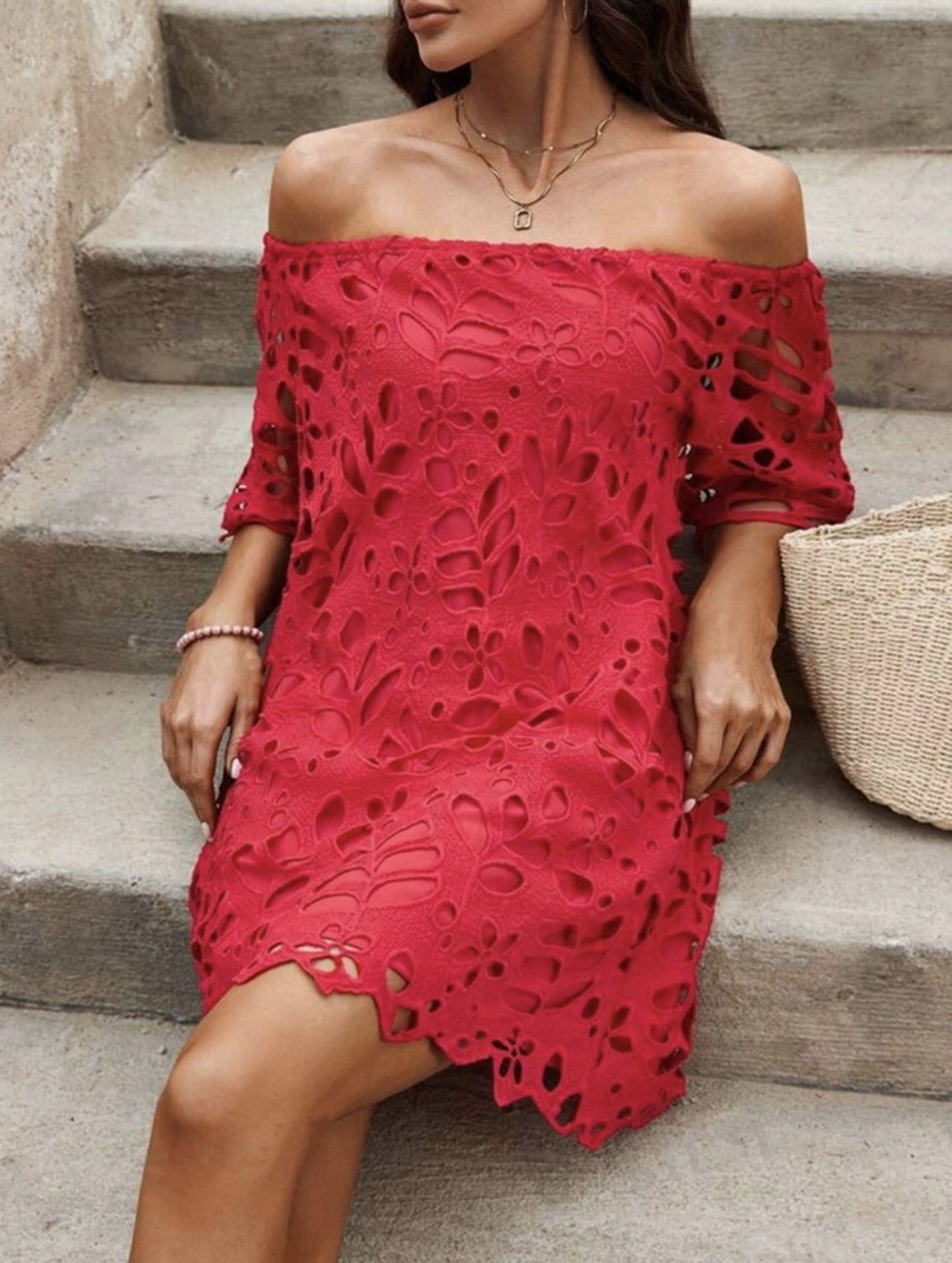 Lace Strapless Dress with Shoulder Cutout ??Elegant Fit, S??œXXL