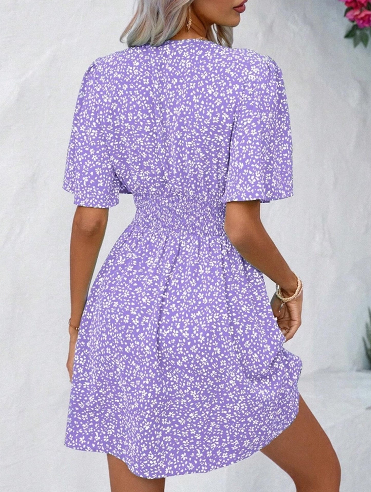 V-Neck High-Waisted Floral Pleated Dress ??Lightweight Polyester, S??œXXL