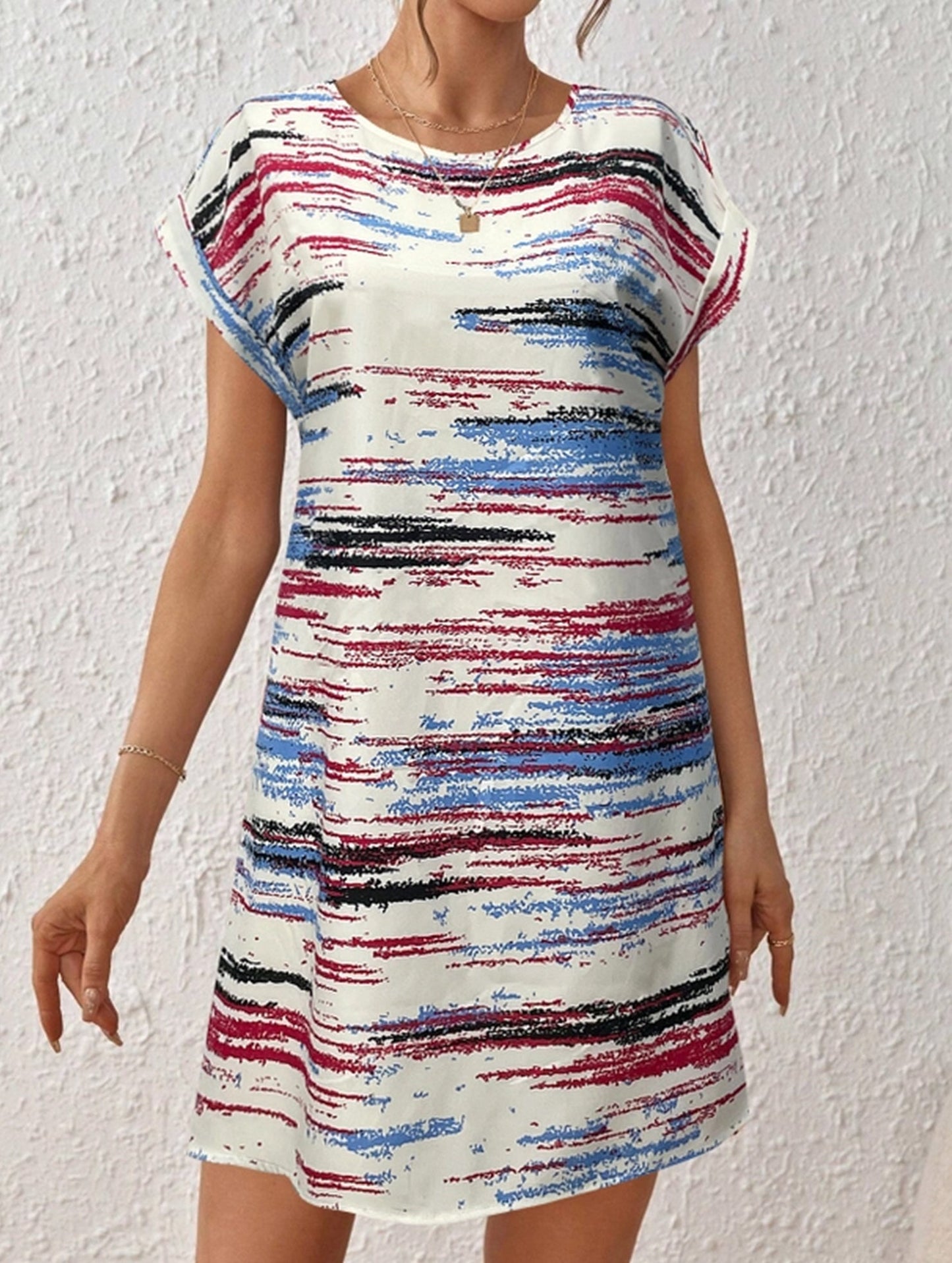 Printed Holiday Style Short Sleeve Dress ??Lightweight Polyester, S??œXXL