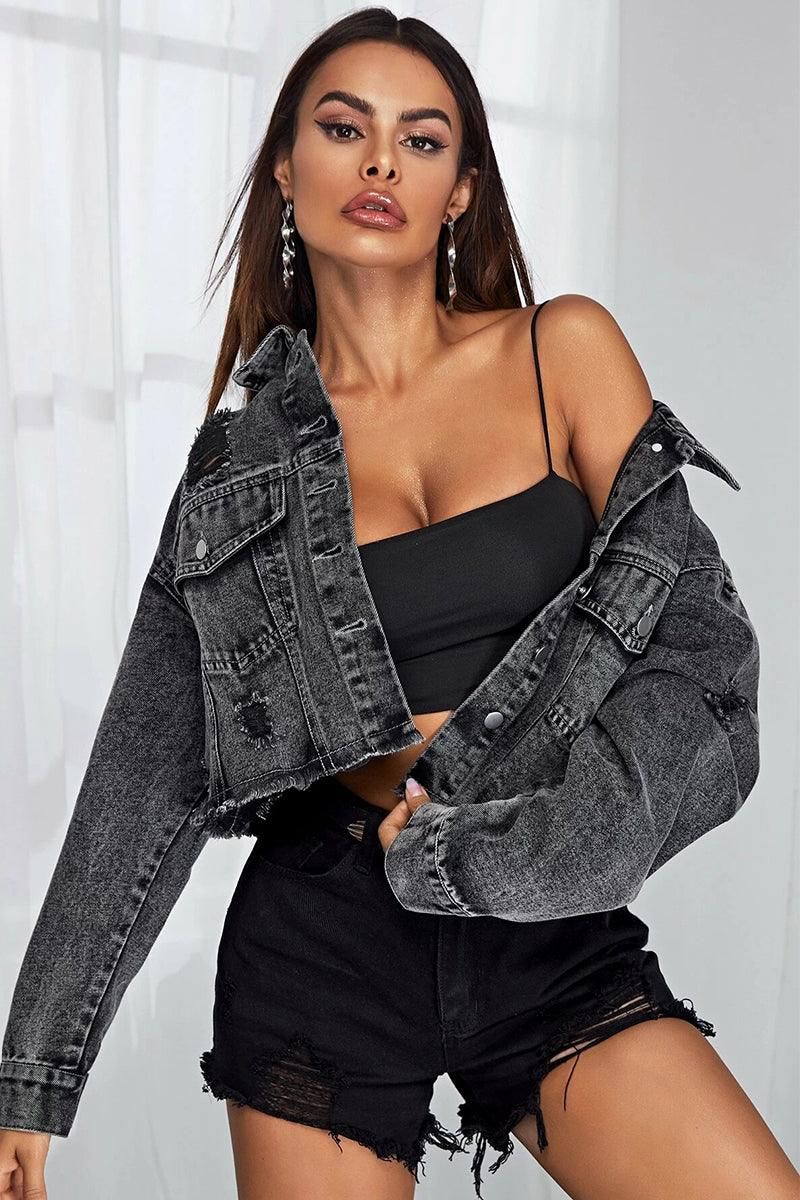 DISTRESSED SHORT DENIM JACKET WITH POCKETS - Doublju