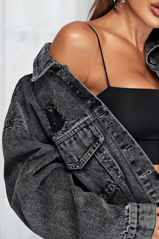 DISTRESSED SHORT DENIM JACKET WITH POCKETS - Doublju