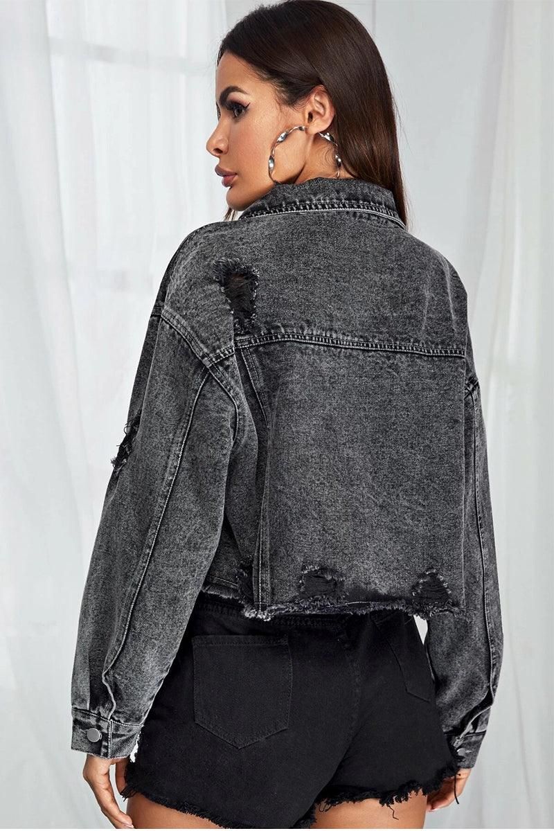 DISTRESSED SHORT DENIM JACKET WITH POCKETS - Doublju