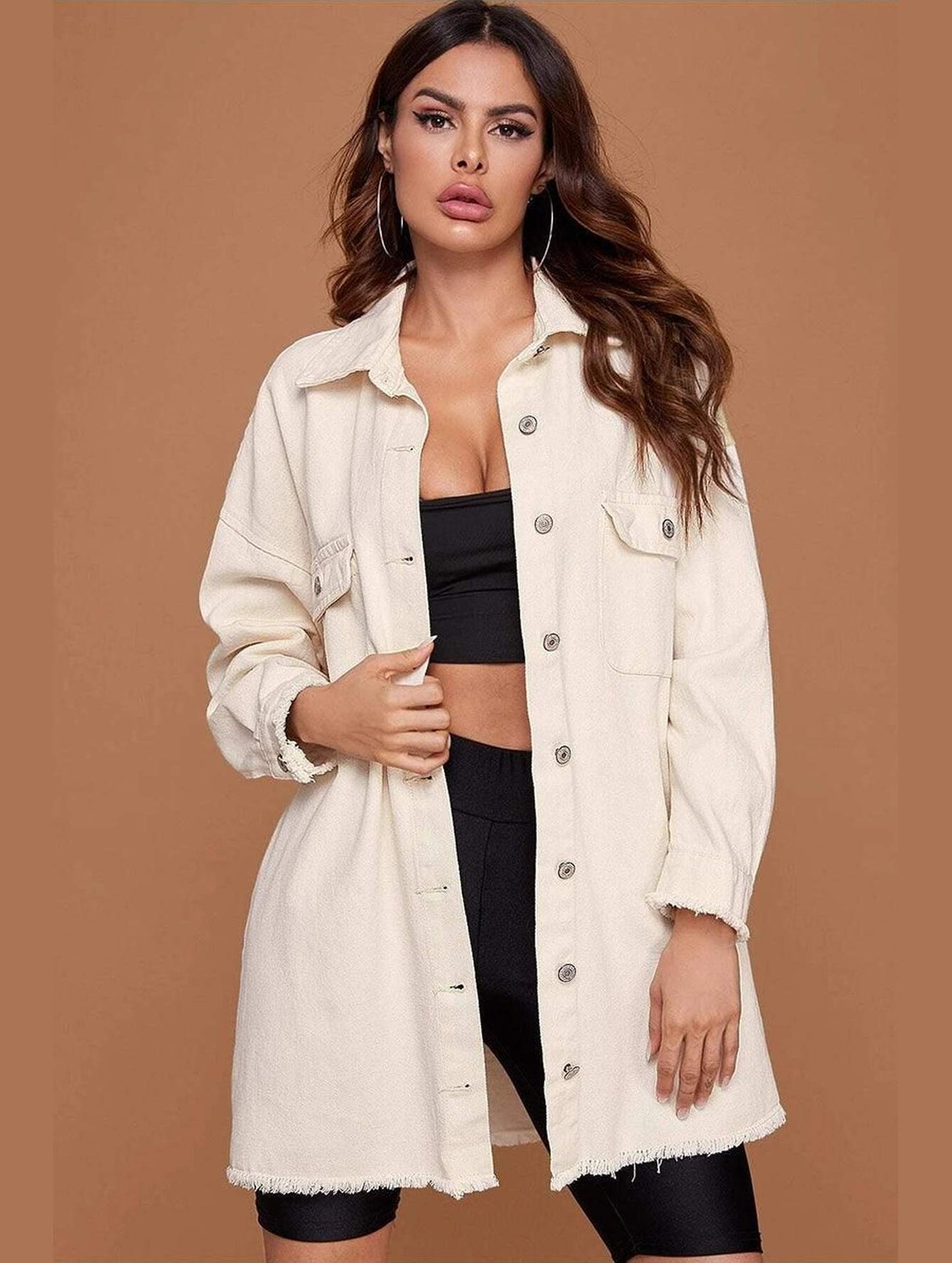 BUTTON DOWN DENIM LONG SHIRTS JACKET - Doublju