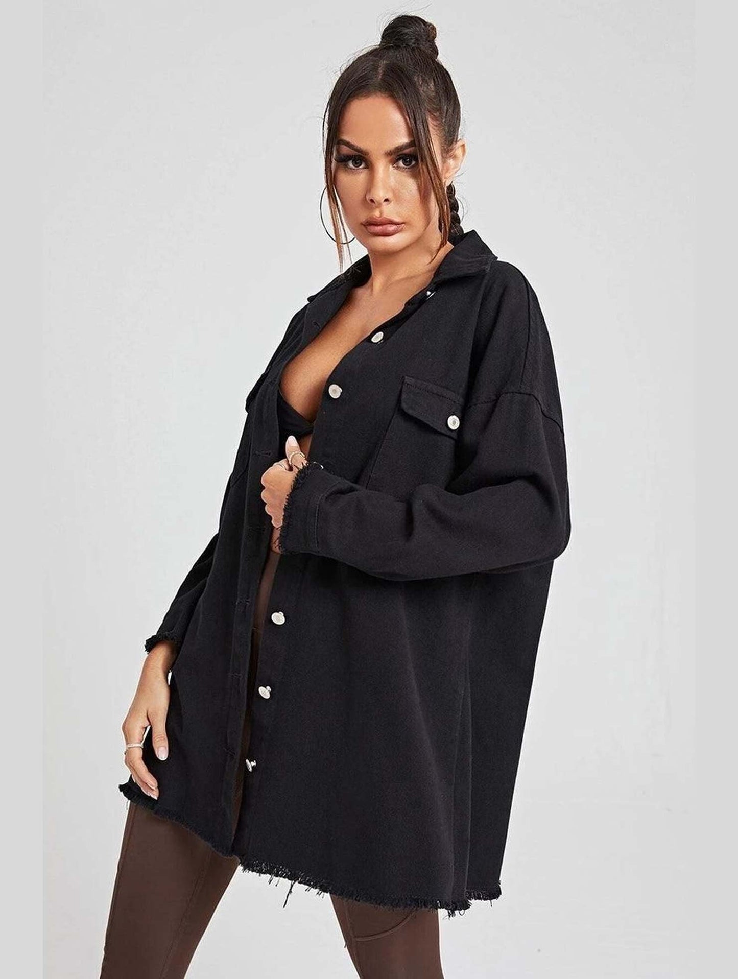 BUTTON DOWN DENIM LONG SHIRTS JACKET - Doublju