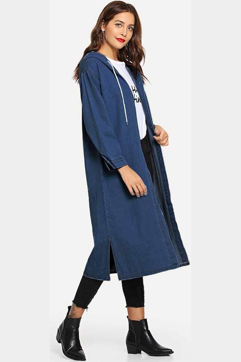 BUTTON CLOSURE HOODED LONG DENIM JACKET - Doublju