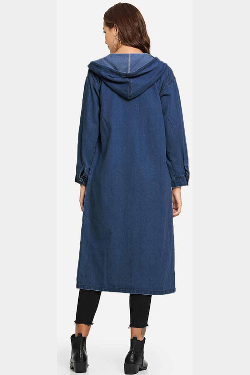 BUTTON CLOSURE HOODED LONG DENIM JACKET - Doublju