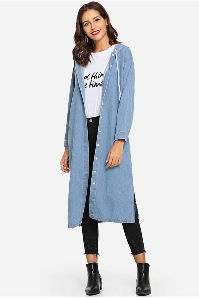 BUTTON CLOSURE HOODED LONG DENIM JACKET - Doublju