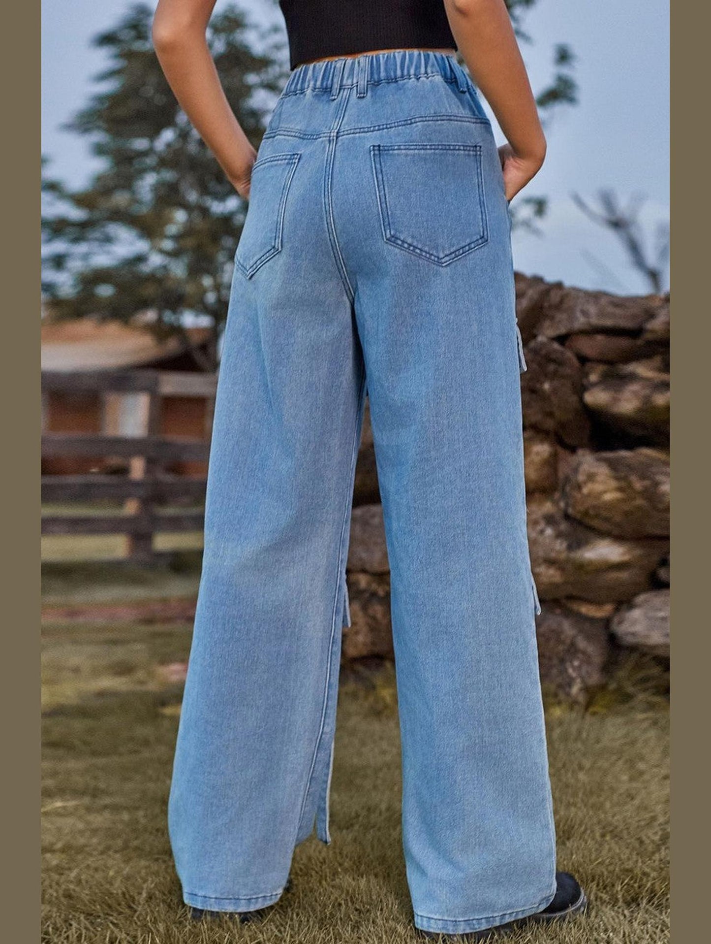 WOMEN ELASTIC WAIST DENIM CARGO PANTS JEANS