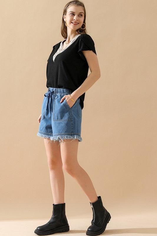 ELASTIC WAIST CASUAL DENIM SHORTS - Doublju