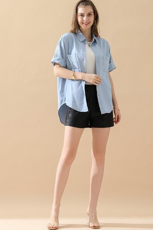 DENIM ROLL UP SHORT SLEEVES TWO POCKET SHIRTS - Doublju