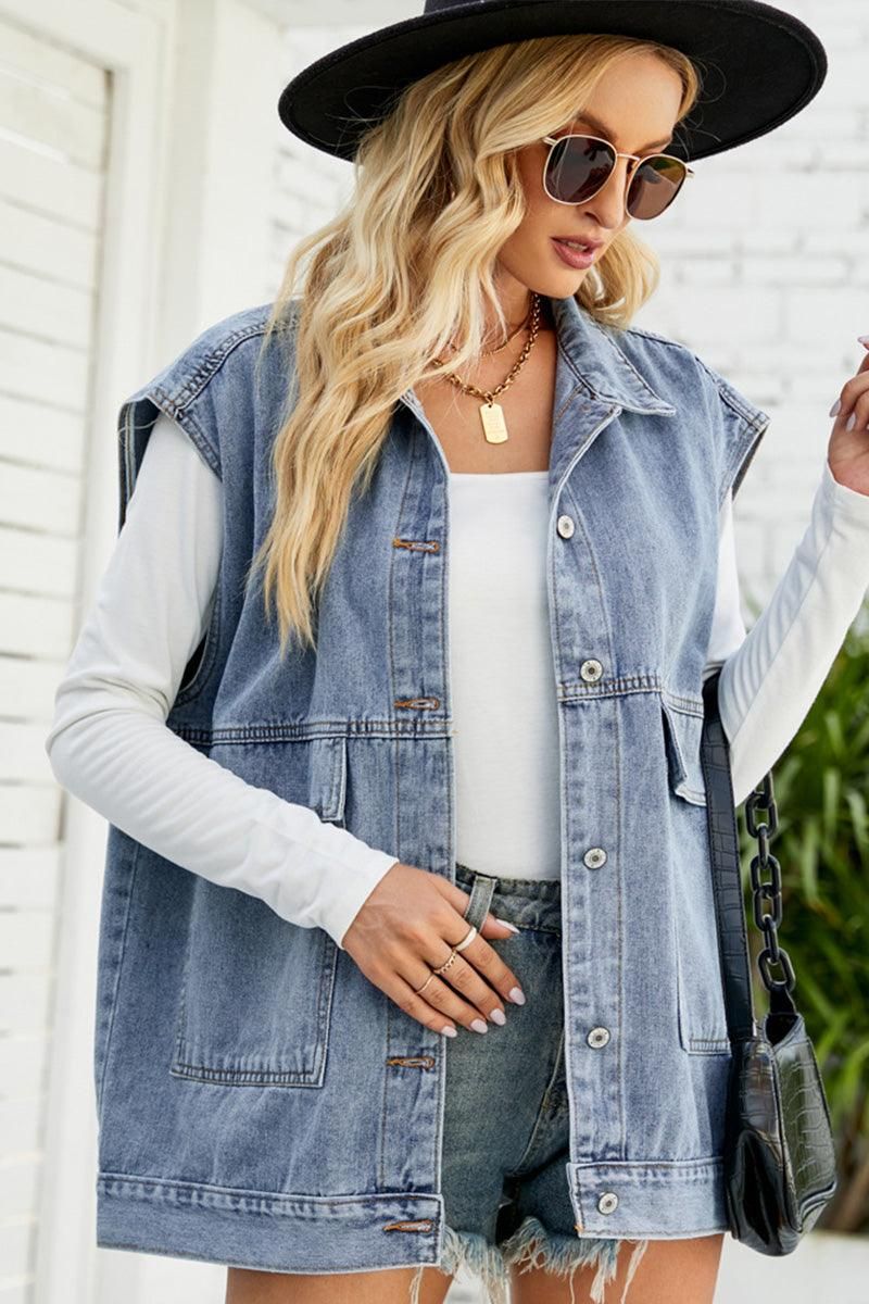 FADED DENIM BUTTON UP FLAT POCKET COLLAR VEST - Doublju
