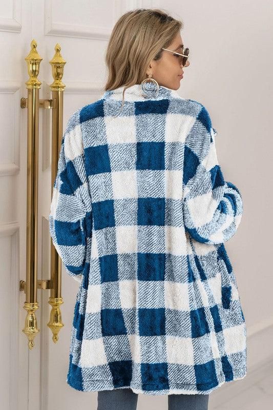 BUFFALO PLAID FLEECE FAUX FUR LAPEL JACKET COAT - Doublju