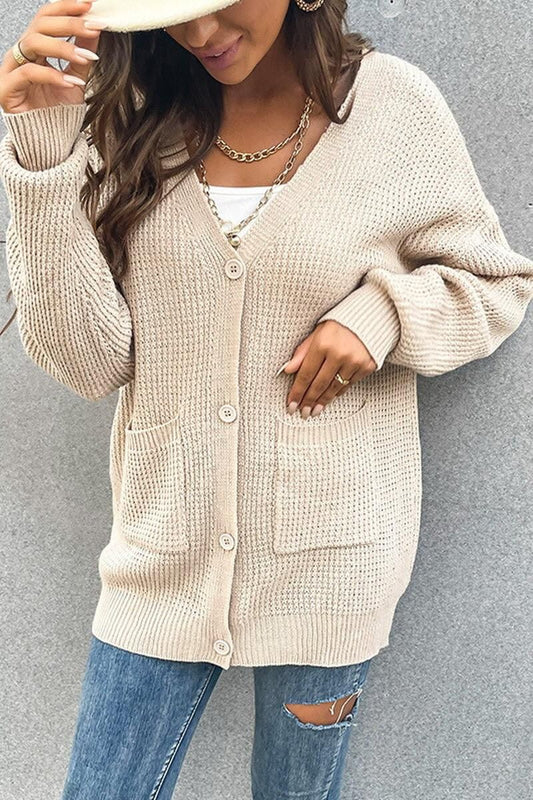 CHUNKY CABLE KNIT LOOSE LONG BUTTON DOWN CARDIGAN - Doublju