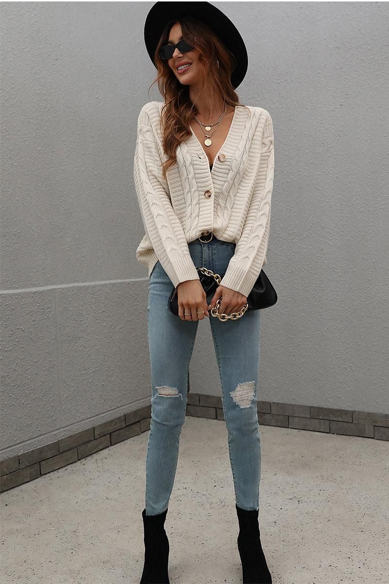 BUTTON DOWN CABLE KNIT CASUAL CARDIGAN - Doublju