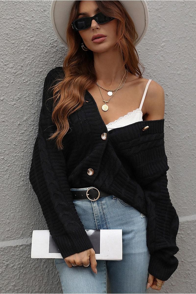 BUTTON DOWN CABLE KNIT CASUAL CARDIGAN - Doublju